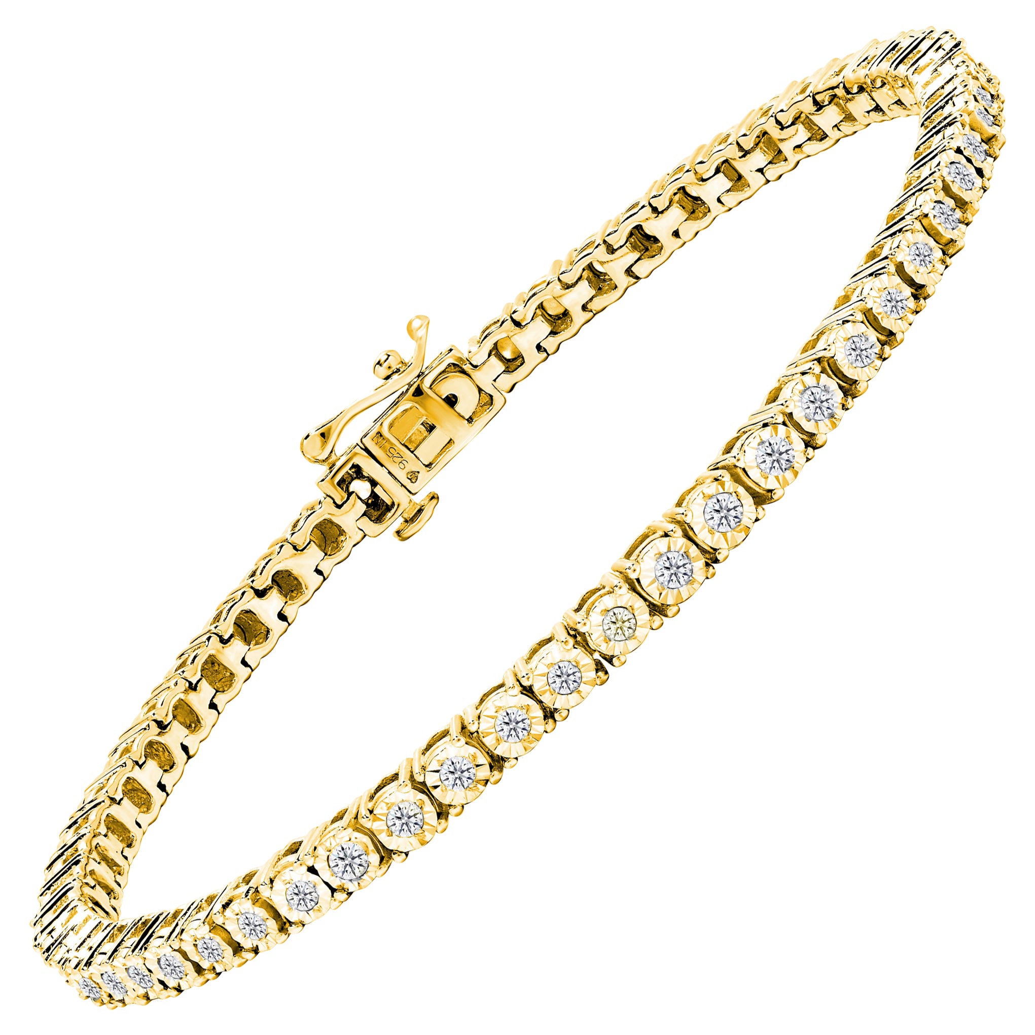 Yellow Gold Plated Sterling Silver 1.0 Carat Diamond Round Bezel Tennis Bracelet For Sale