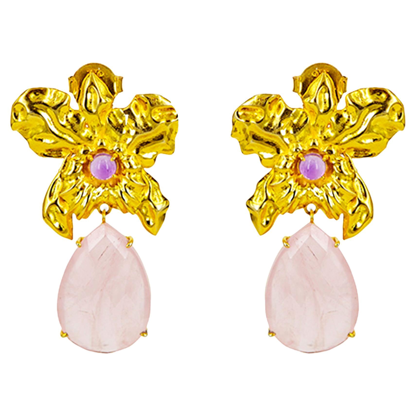 9K Gold Rose Quartz and Amethyst Flower Statement Earrings with Screw Backs