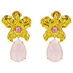 9K Gold Rose Quartz and Amethyst Flower Statement Earrings with Screw Backs