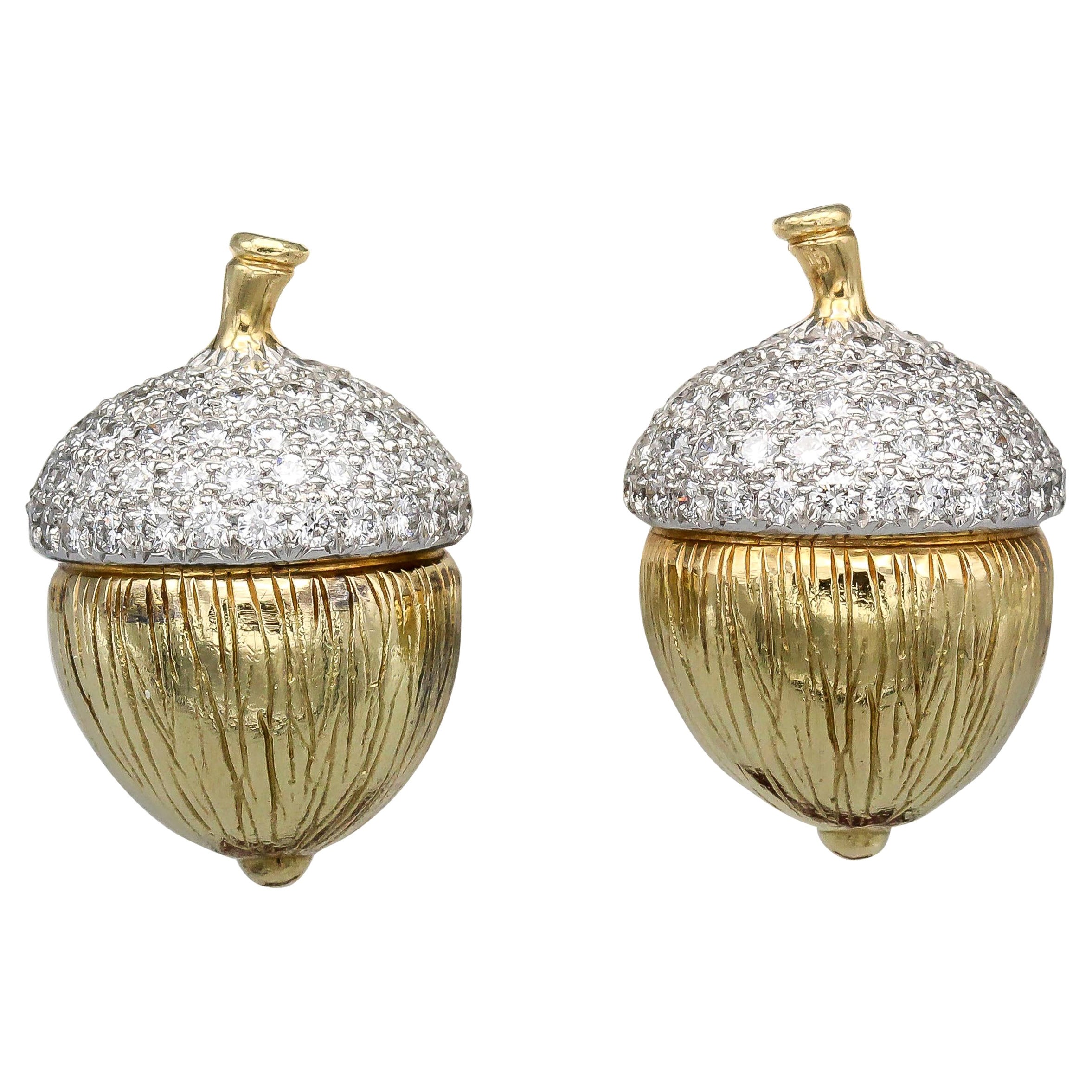 Verdura Diamond Platinum and 18 Karat Gold Acorn Earrings