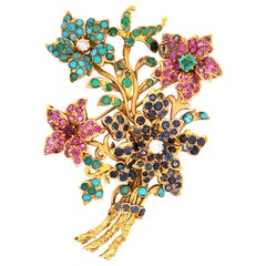 Retro Floral Gemstone Large Brooch 14k Yellow Gold