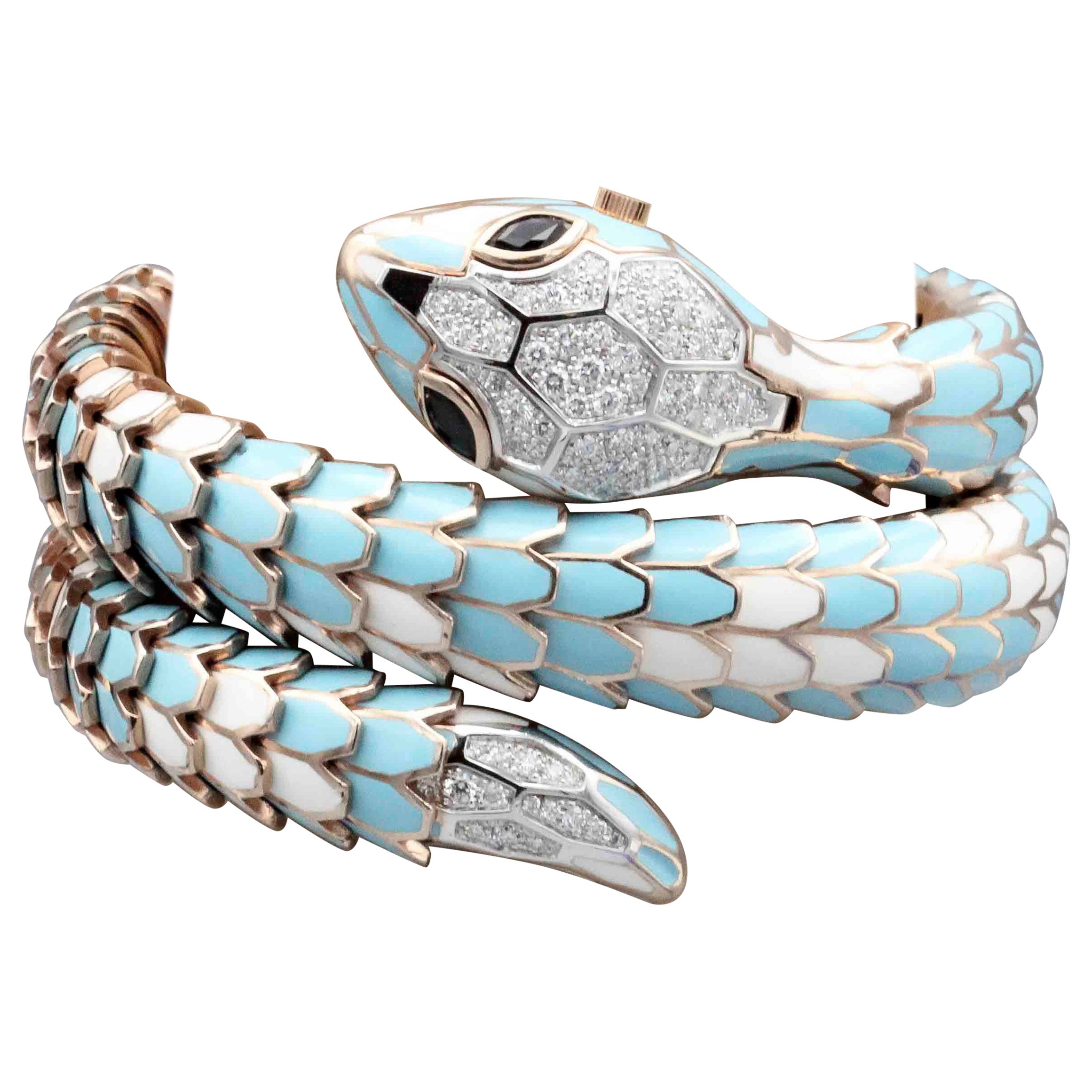 Italian Diamond Sapphire 18k White Gold Silver Enamel Snake Watch Bracelet