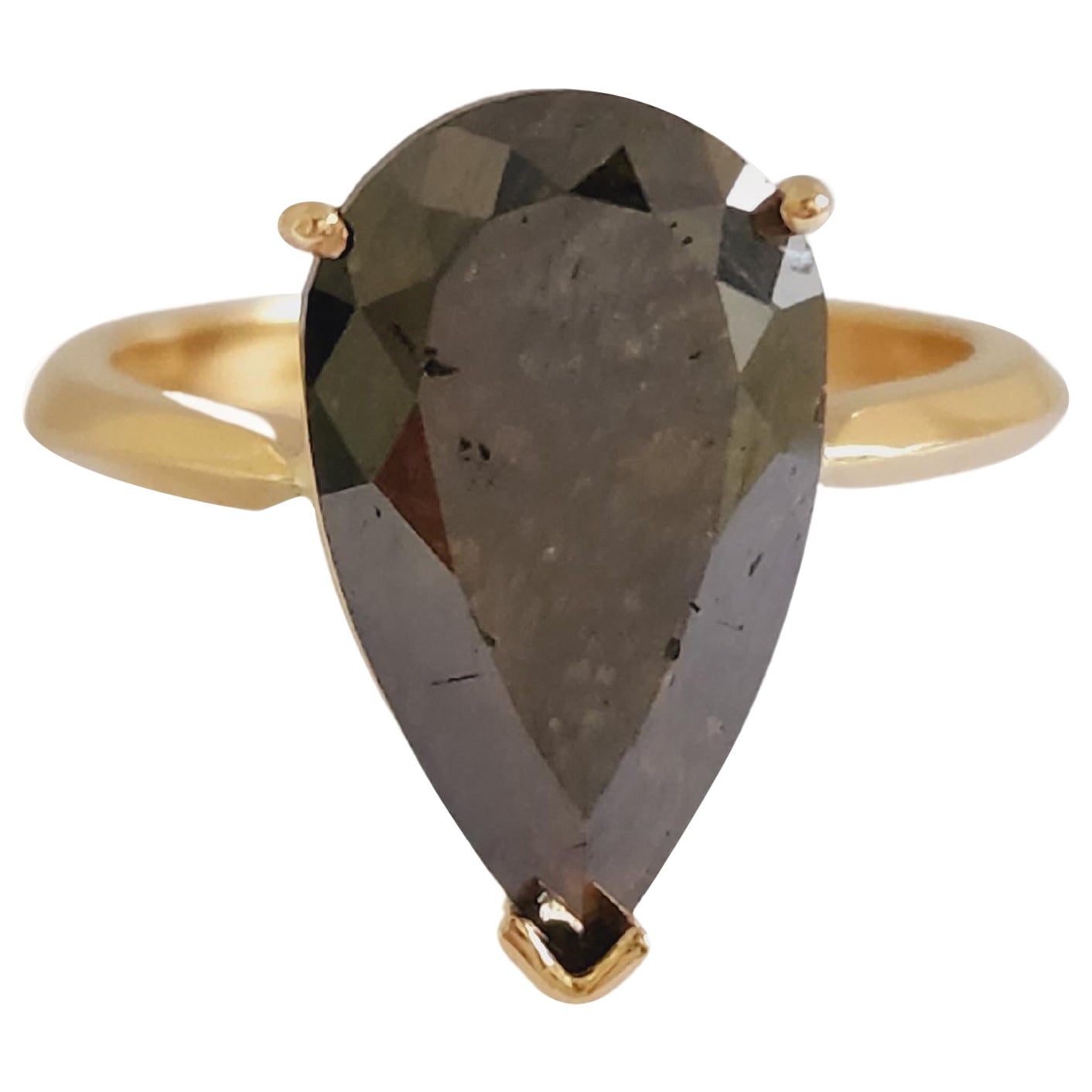 IGI 5.84 Carat Pear Shape Dark Green Natural Diamond 14 Karat Yellow Gold Ring For Sale
