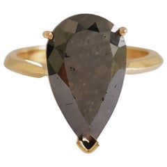 IGI 5.84 Carat Pear Shape Dark Green Natural Diamond 14 Karat Yellow Gold Ring