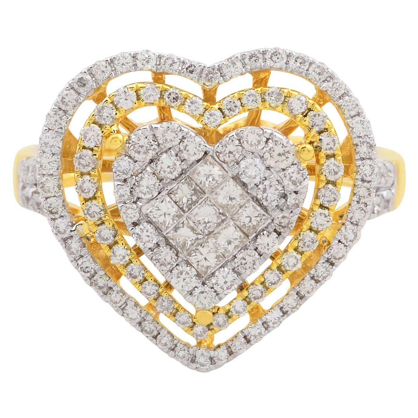Bague en or jaune 18k avec cœur pavé de diamants de 1,30 carat, pureté SI et couleur HI