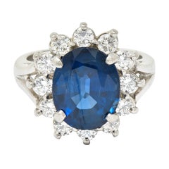 1980's Vintage 4.85 Carats Sapphire Diamond Platinum Cluster Ring
