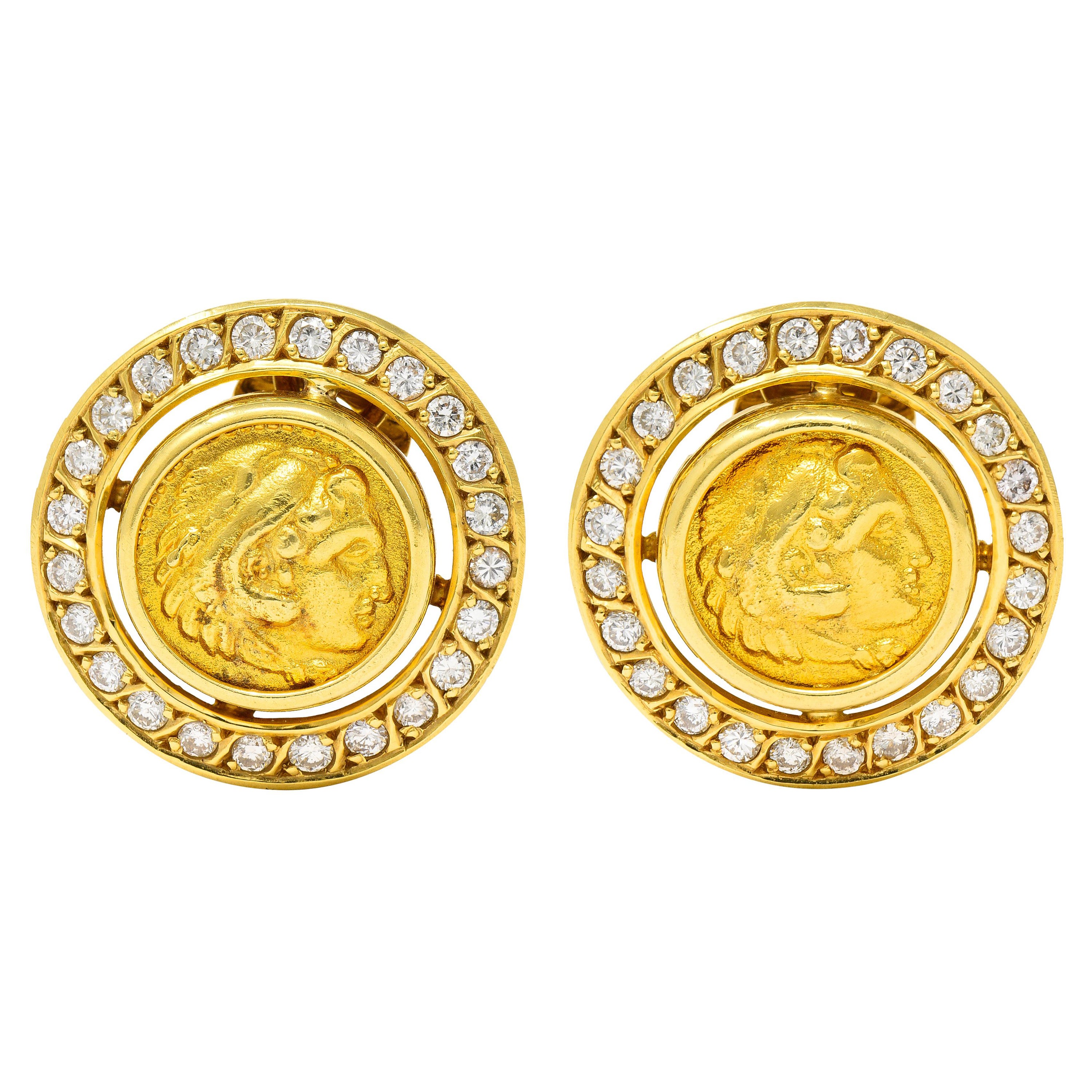 Vintage 1.44 Carats Diamond 18 Karat Yellow Gold Ancient Coin Earrings