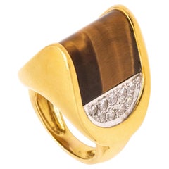 Vintage Robert Altman 1970 New York Geometric Ring 18Kt Gold 20.75 Diamonds & Tiger Eye