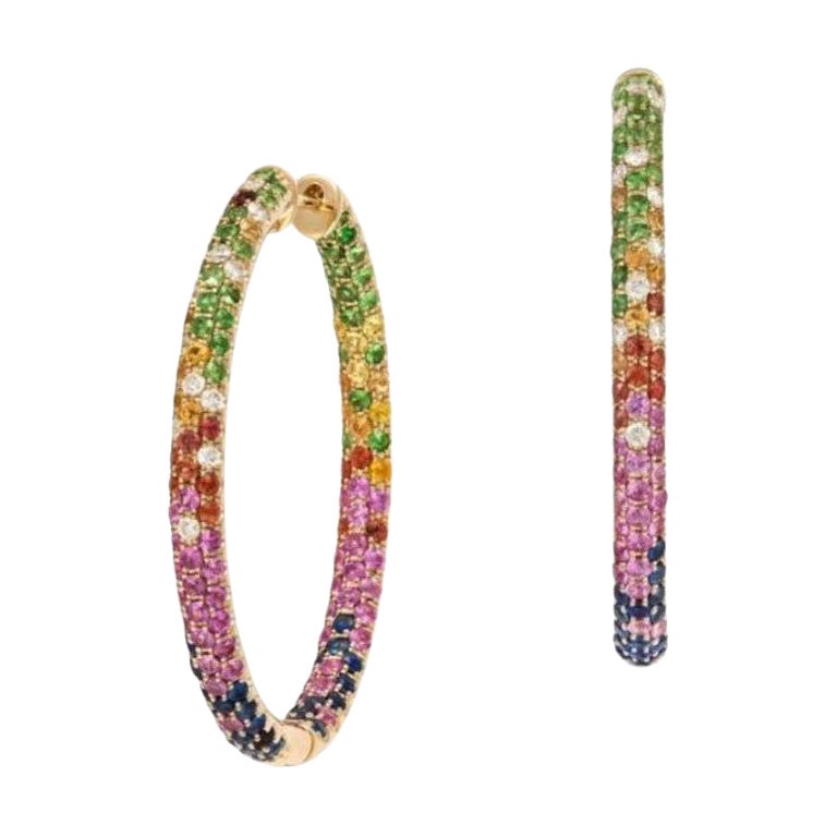 NWT $16, 500 18KT Gold Fancy Glittering Rainbow Sapphire Diamond Hoop Earrings For Sale