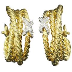 David Yurman Diamond Gold Crossover Rope Earrings