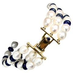 Tanzanite and Pearl 3 Strand Bracelet with 18K Box Clasp