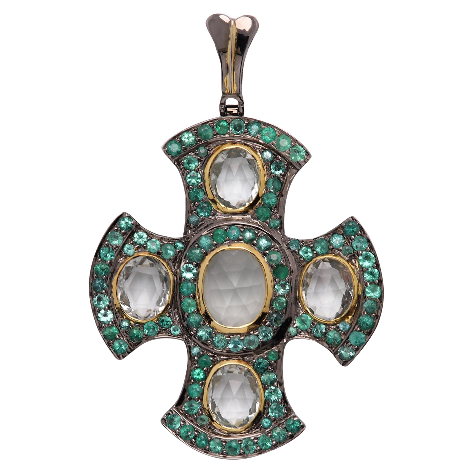 Greek Cross with Emerald & Quartz Gemstones Sterling Silver 925 For Sale