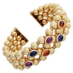 Gold Bead Flexible Cuff with Colored Cabochon Stones in 14k Yellow Gold