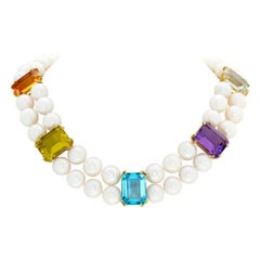 Sally & Scully Multicolor Gemstone & Pearl Necklace with 18k yellow gold setting