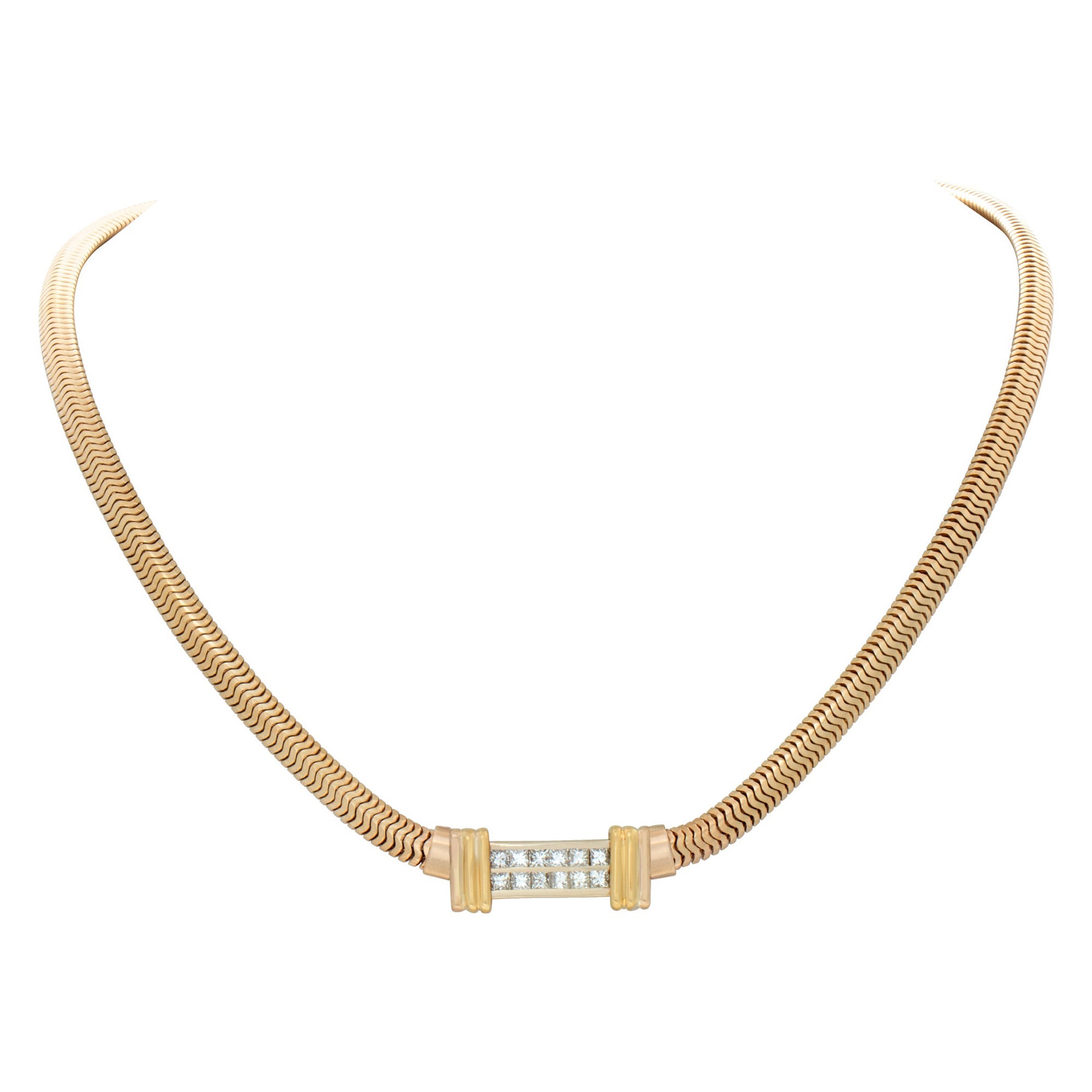 14k Yellow Gold Snake Necklace with Double Row 1.20 Carat Princess Cut Diamond 