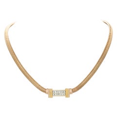 Vintage 14k Yellow Gold Snake Necklace with Double Row 1.20 Carat Princess Cut Diamond 