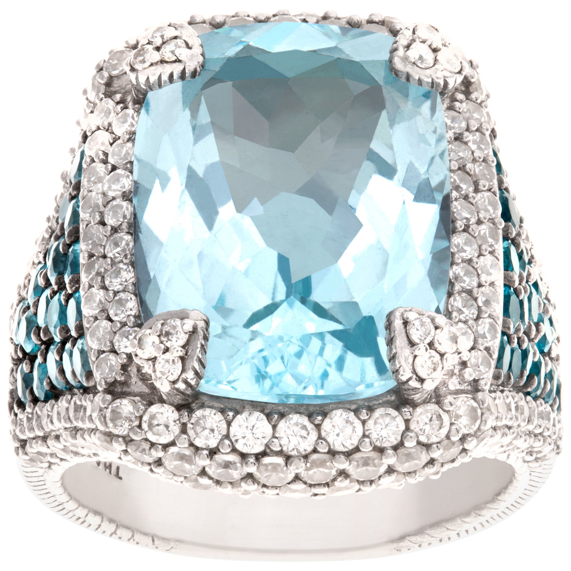 Judith Ripka ring with faceted blue topaz and white cz in sterling silver For Sale