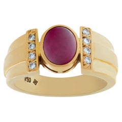 Vintage Mens Cabochon Rubelite Tourmaline 18k Yellow Gold Ring with Diamond Accents