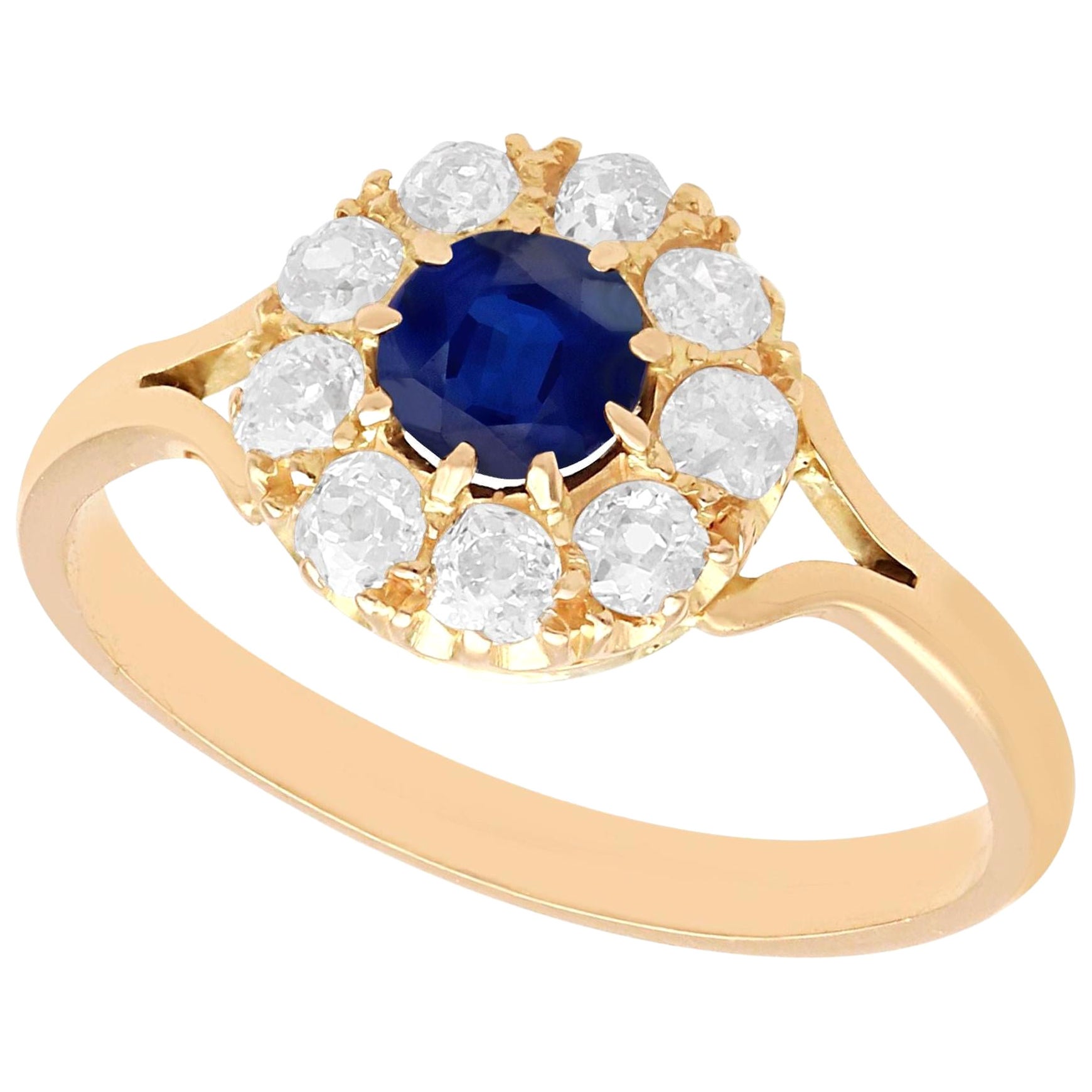 Antique 0.51 Carat Sapphire and 0.31 Carat Diamond Rose Gold Cluster Ring For Sale