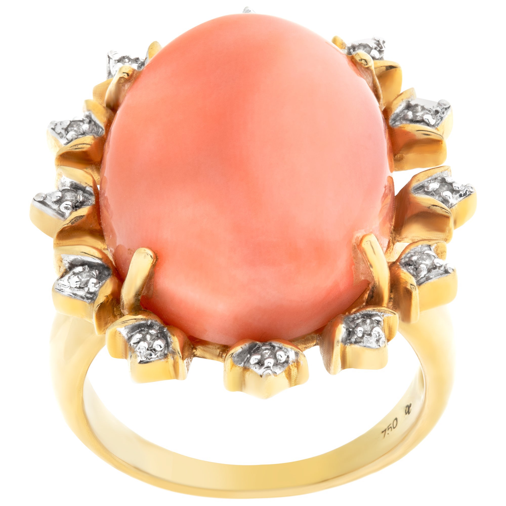 Peachy Keen Coral Ring in 18k Yellow Gold with Diamond Accent Frame For Sale