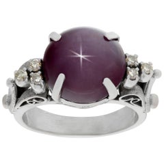 Ruby star sapphire ring in 14k white gold with diamond accents
