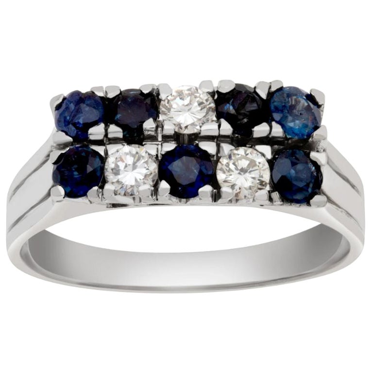 Sapphire and diamond station 14k white gold ring For Sale