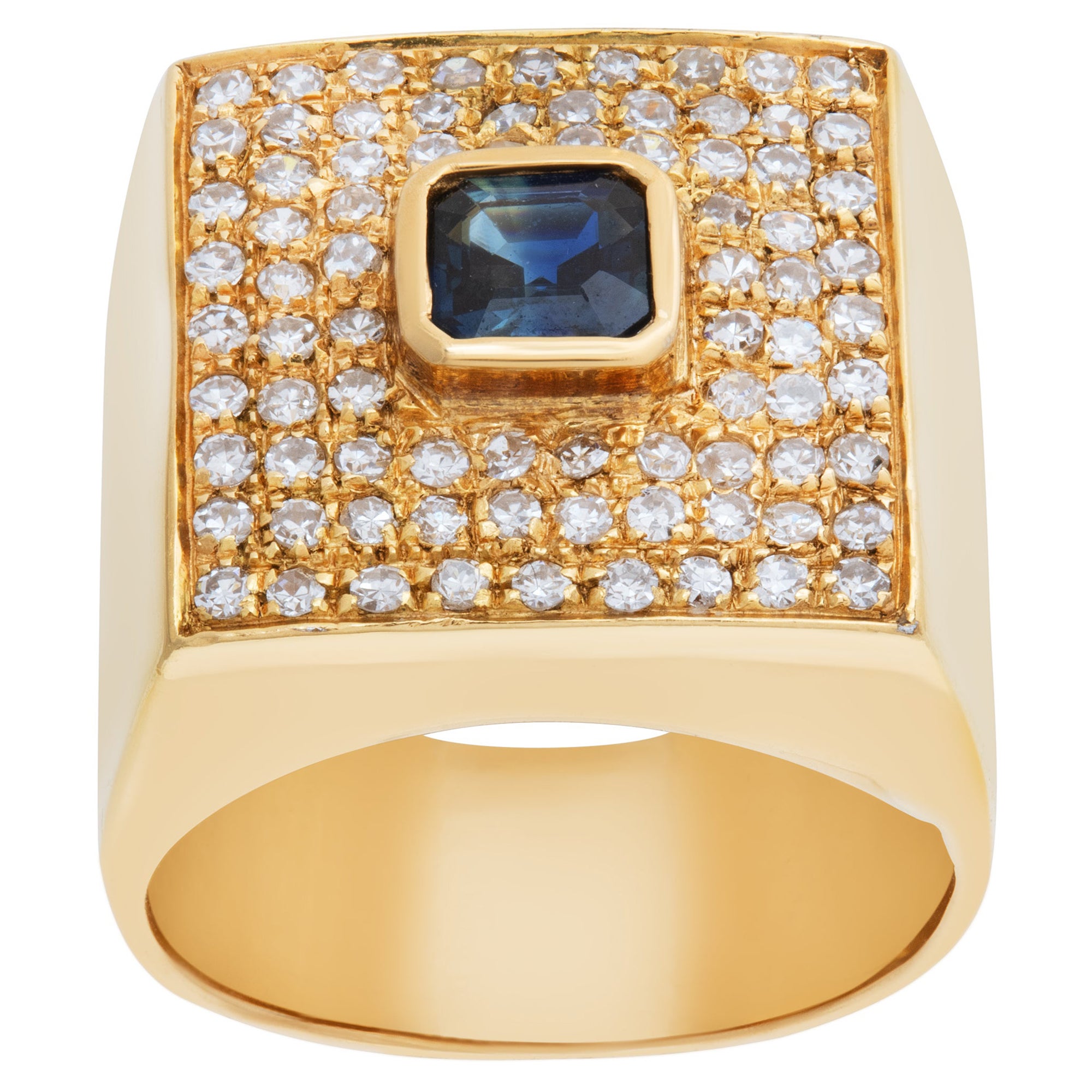 Stepped Square Emerald Cut Saphhire & Diamonds Ring in 18k Yellow Gold For Sale