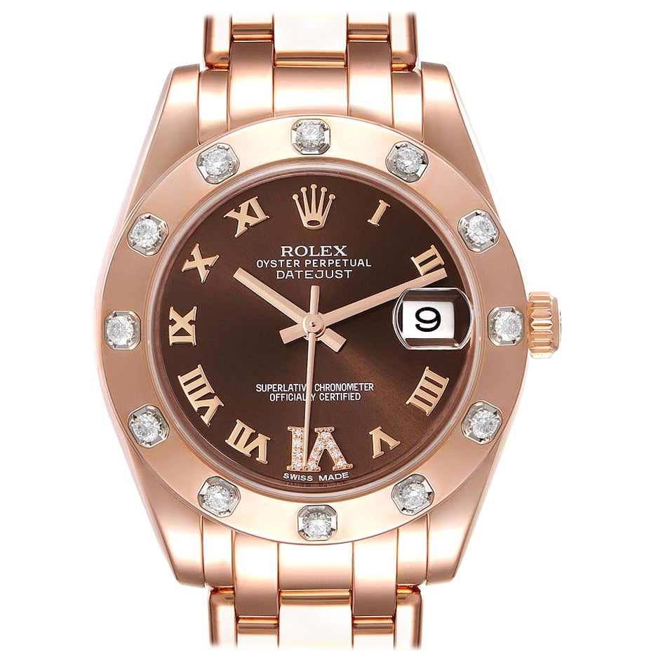 Rolex Pearlmaster 34mm Brown Dial Rose Gold Diamond Ladies Watch 81315