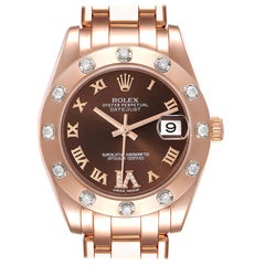 Used Rolex Pearlmaster 34mm Brown Dial Rose Gold Diamond Ladies Watch 81315