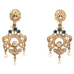Vintage Diamond & Pearl Chandelier Earrings 14k Yellow Gold