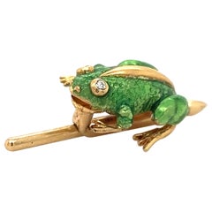 Vintage Diamond Enamel Frog Button Stud 14k Yellow Gold