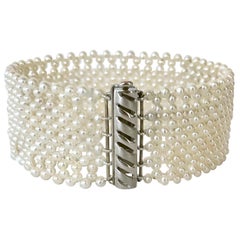 Marina J. All Pearl Woven Bracelet with Rhodium plated Silver Sliding Clasp