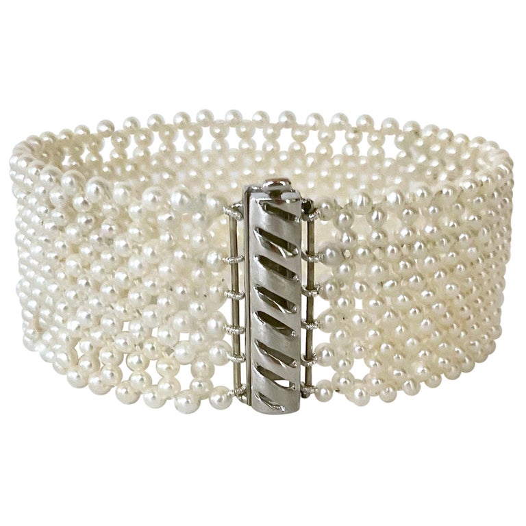 Marina J. All Pearl Woven Bracelet with 14k White Gold Clasp For Sale