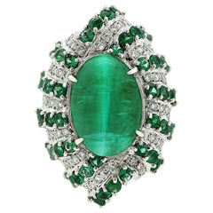 Rare Cats Eye Emerald Diamond Platinum Cocktail Ring