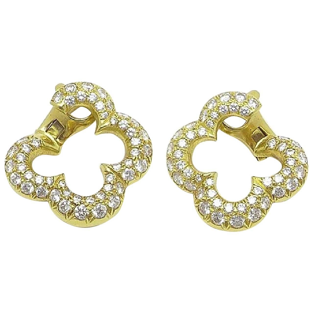 Van Cleef & Arpels Alhambra Collection Diamond Gold Earrings  For Sale