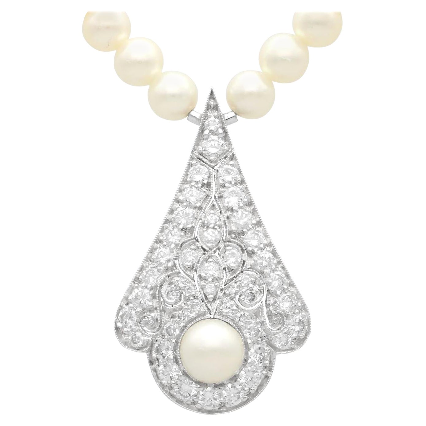 Vintage Cultured Pearl 1.48ct Diamond 18k White Gold Necklace, circa 1990