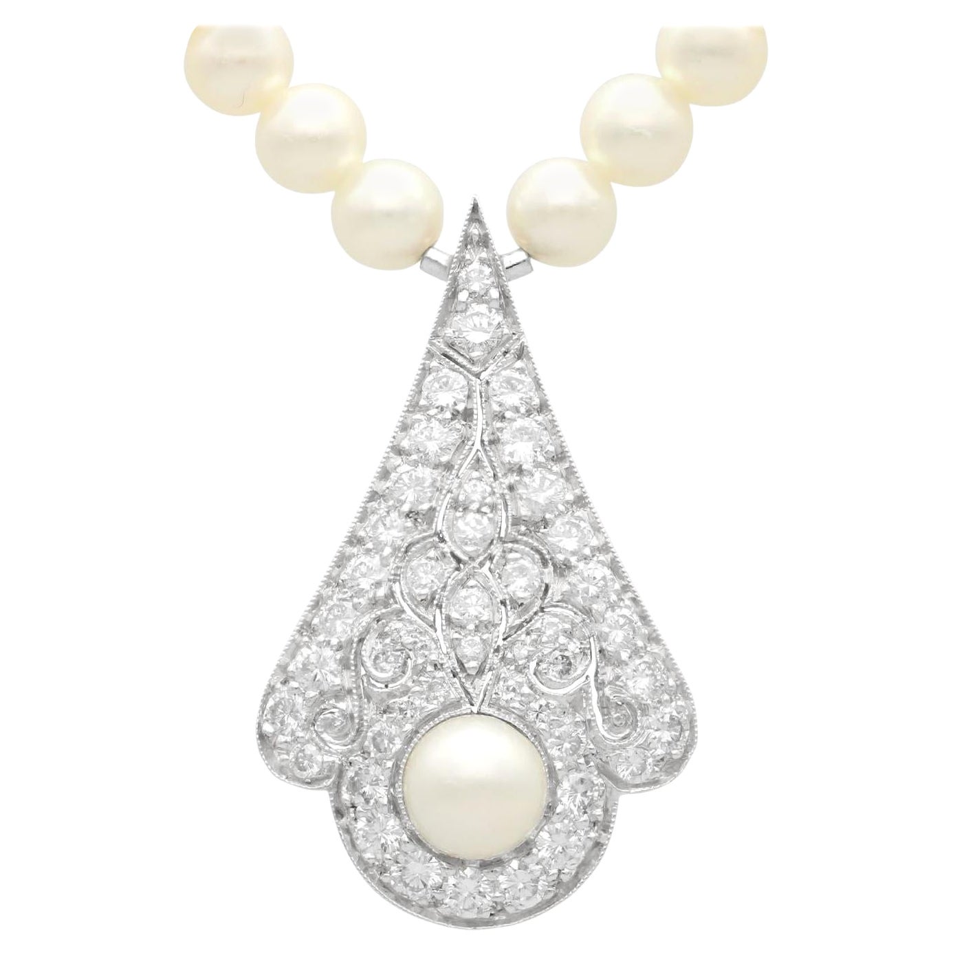 Vintage Cultured Pearl 1.48 Carat Diamond 18k White Gold Necklace, circa 1990