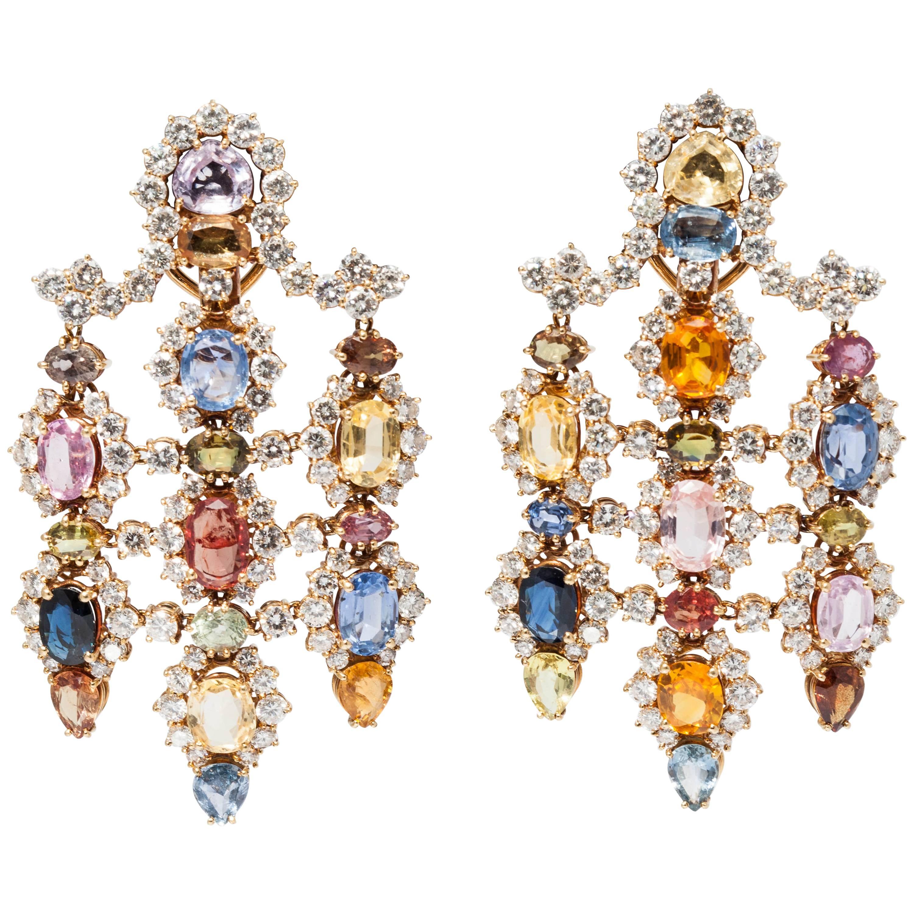 1960s Multicolor Natural Sapphire Diamond Gold Chandelier Ear Pendants 