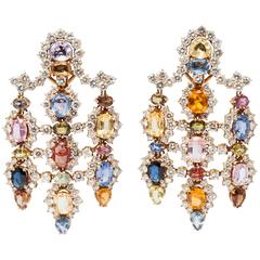 1960s Multicolor Natural Sapphire Diamond Gold Chandelier Ear Pendants 12