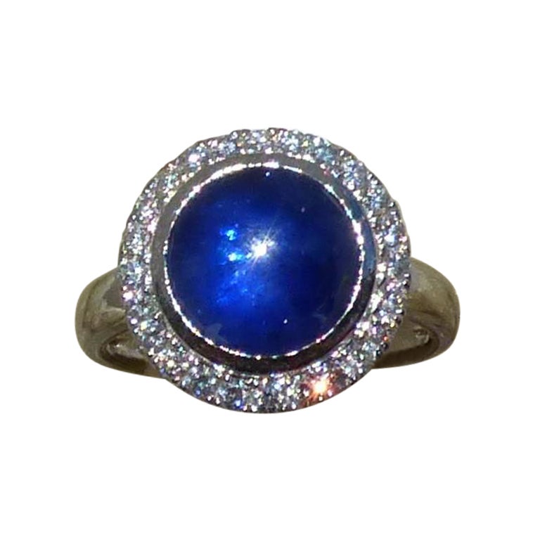 Cabochon Cut Sapphire and Diamond Cluster Ring in 18K White Gold For Sale