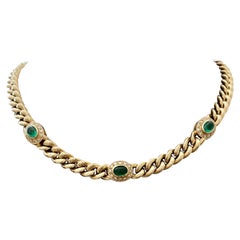 18 Karat Gold Twisted Curb Chain Necklace Emerald Cabochons Diamonds by Bucherer