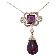 Antique Platinum and Gold Edwardian Amethyst Briolette and Diamond Necklace circa 1910