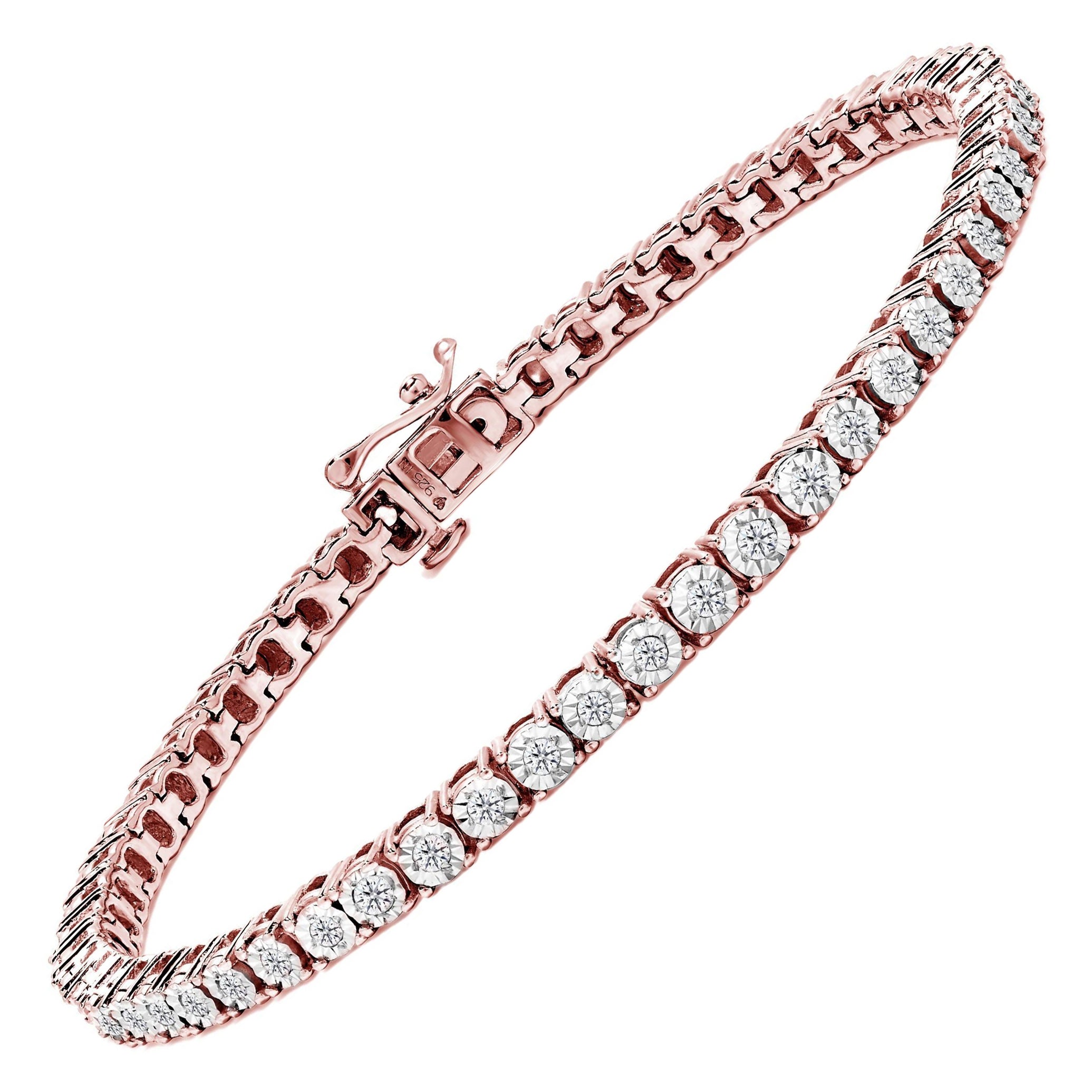Bracelet tennis en argent sterling plaqué or rose avec diamants ronds facettés de 1,0 carat