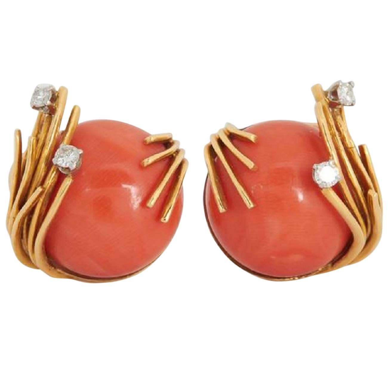 Coral Diamond Gold Earrings  For Sale