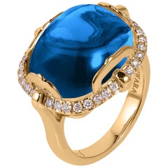 Goshwara London Blue Topaz Cushion Cabochon and Diamond Ring