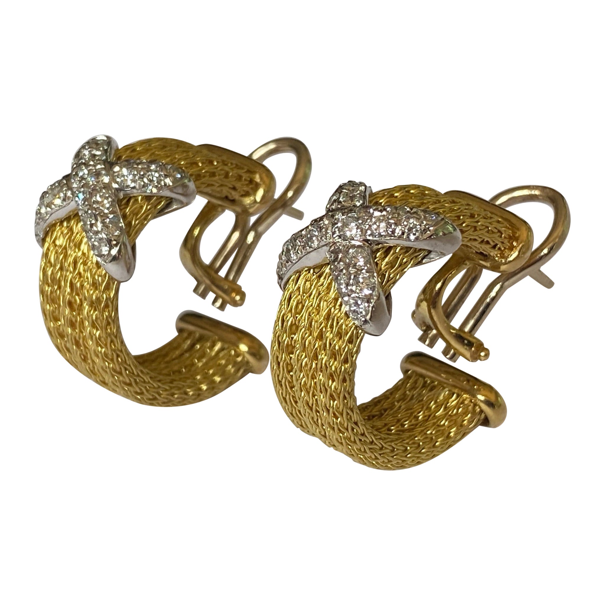 Estate Diamond and 18kt Yellow and White Gold Rope Earrings For Sale