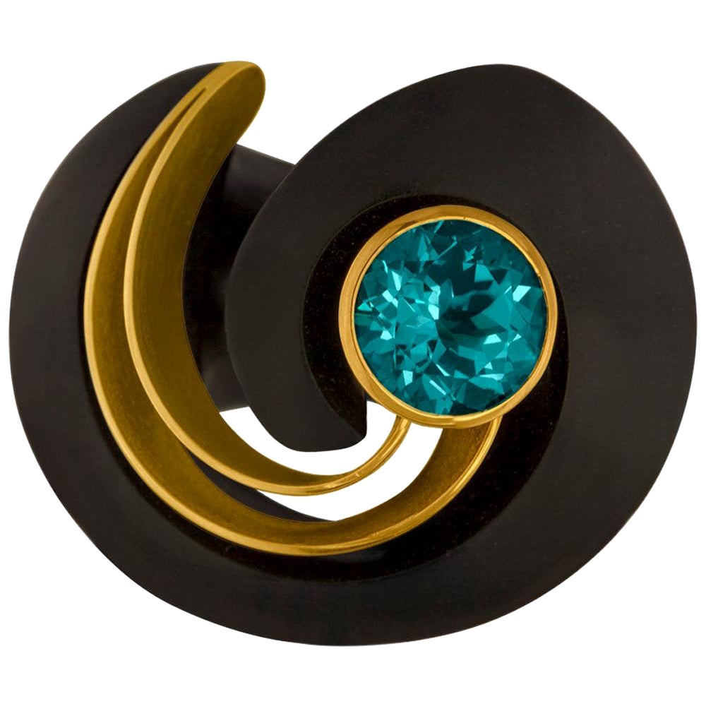 E.W. Schreiber KG 8.00 Carat Blue Topaz Ebony Wood Gold Ring For Sale