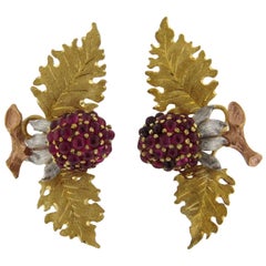 Buccellati Tri Color Gold Ruby Leaf Berry Earrings
