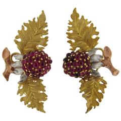 Buccellati Tri Color Gold Ruby Leaf Berry Earrings 12