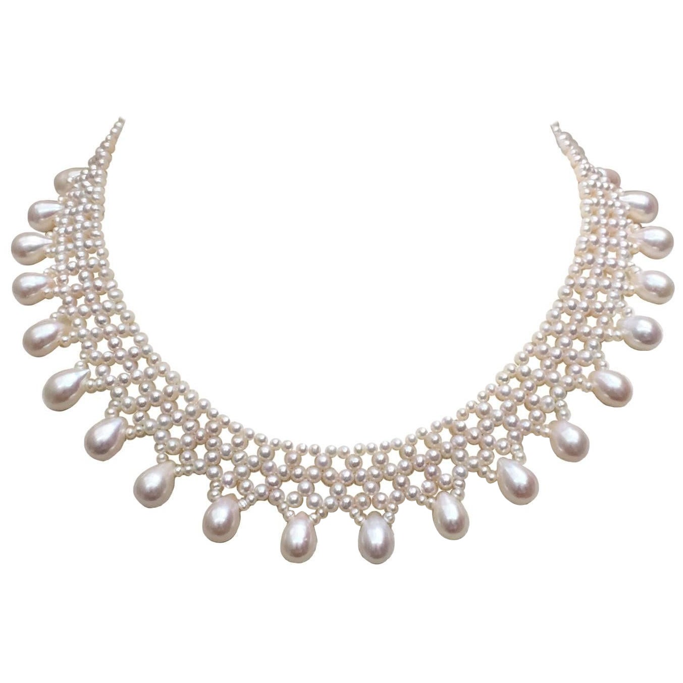 Marina J .Collar de perlas tejidas con gotas de perlas en oro amarillo de 14k